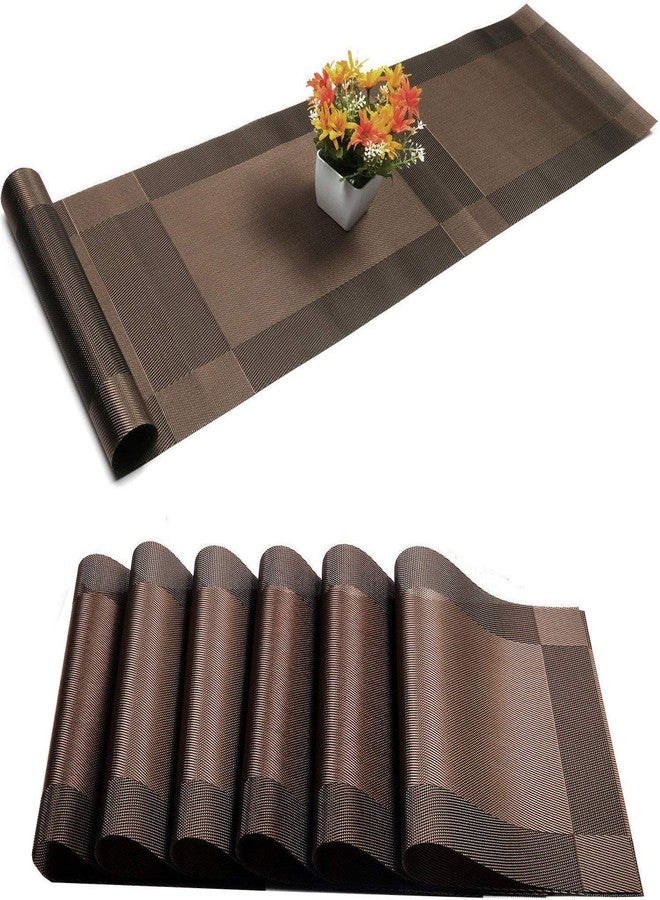 Baskety Set of 6 PVC Table Mats with 1 Table Runner - Waterproof, Non-Slip Placemats for Dining Table, Kitchen, Coffee Table, Easy to Clean, Stylish Brown Design, Durable & Protective,(Brown) - Image 1